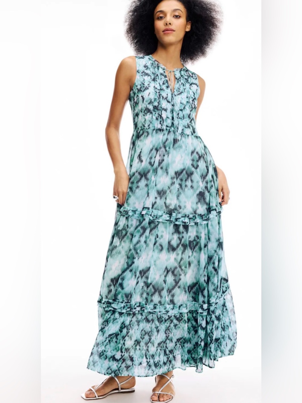 Boss Blue Abstract Print Aqua Black Printed Sleeveless Maxi Dress Chiffon H13